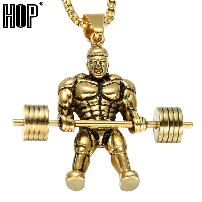 

HIP Gold Color Fitness Barbell Dumbbell Men Necklace Muscle Sports Gym Stainless Steel Pendant & Necklace For Men Jewelry