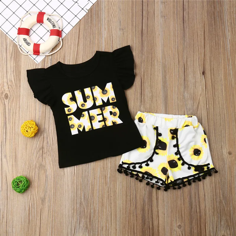 

0-24 Months Baby Clothes Set Short Sleeve T-Shirt For Girls Black Letter Tops Girls Tops Floral Print Shorts Pant Children Set
