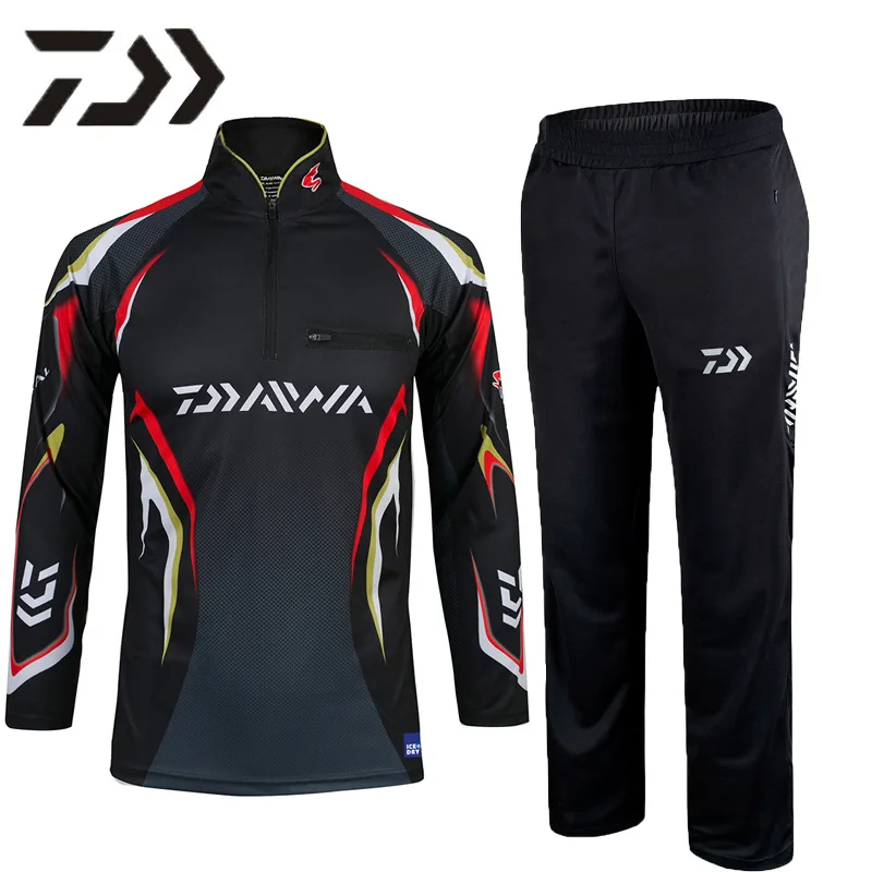 

New Daiwa Summer Thin Breathable Fishing Clothes Long Sleeve Fishing Suit Cool Feeling Stand Collar Shirt + Pants 2 Pcs Set