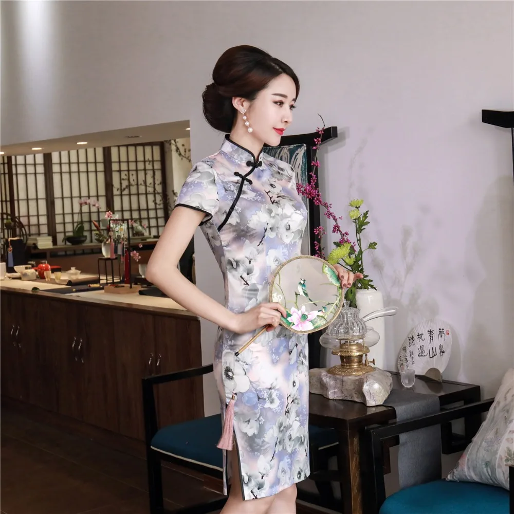 Шанхай история короткий рукав цветочный Qipao длиной до колена cheongsam платье китайский Восточный платья для женщин