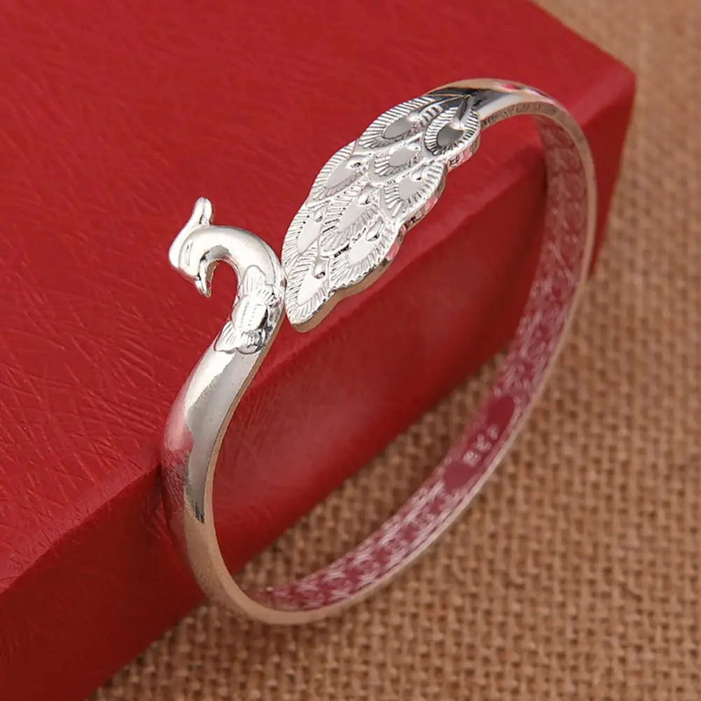 

Luxury Women Silver Plated Peacock Opening End Bangle Bracelet Jewelry Gift New