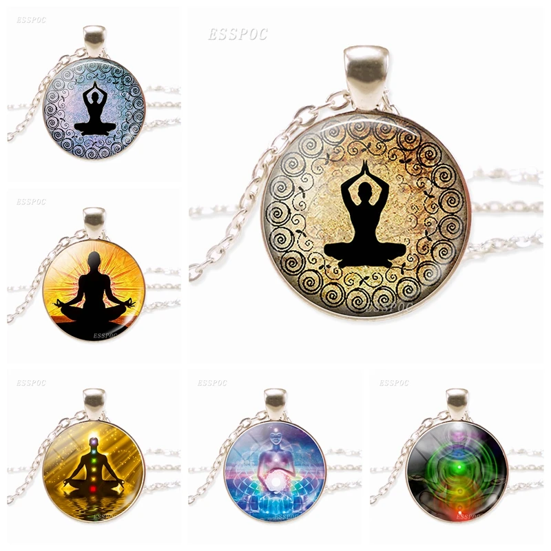 

Yoga Women Necklace Yoga Meditation Spirit Pendant 7 Chakra Necklace Fashion Glass Cabochon Silver Plated Jewelry Gift for Women