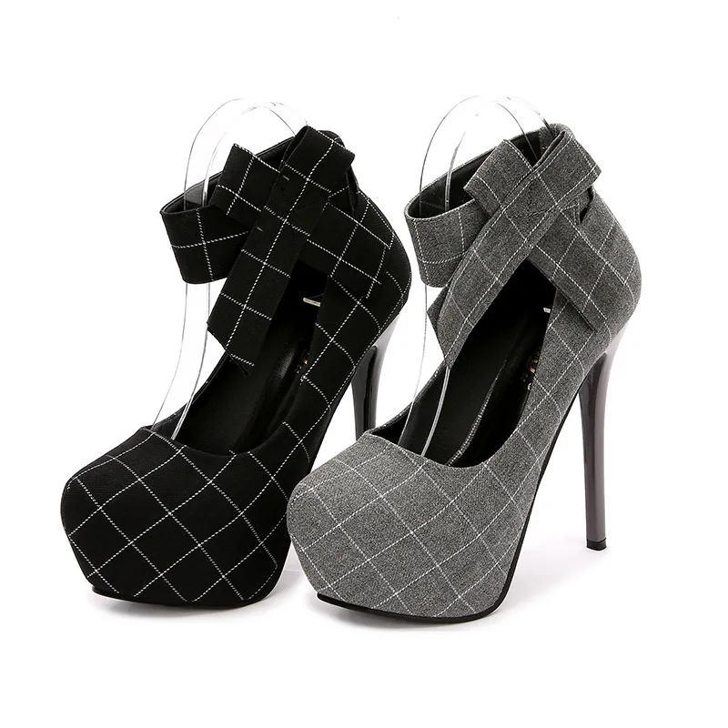 

New Head Waterproof Platform High Heel Women's Shoes Square Plaid Fabric Foot Ring with Bow Wedding Shoes Pumps Women Shoes