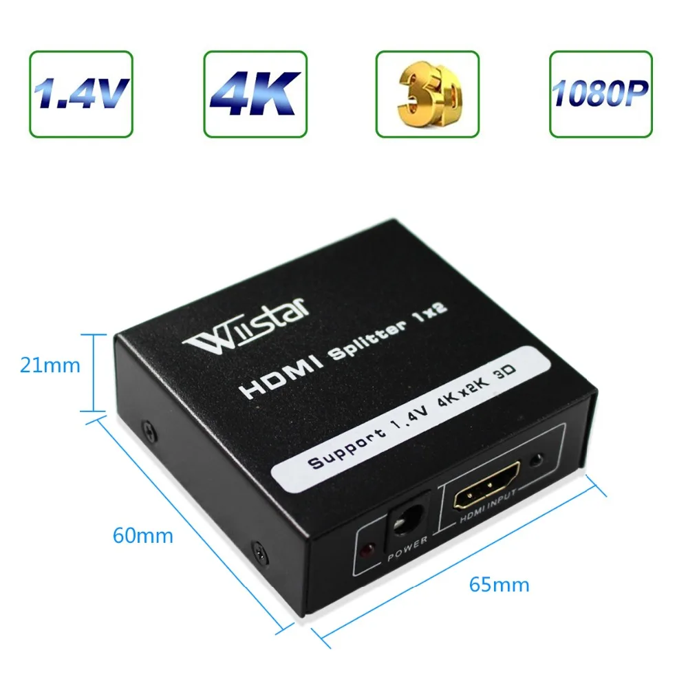 Wiistar полный HD1080p HDMI сплиттер 1X2 HDMI 1 Вход 2 Выход с Питание для аудио HDTV 1080 P DVD Vedio