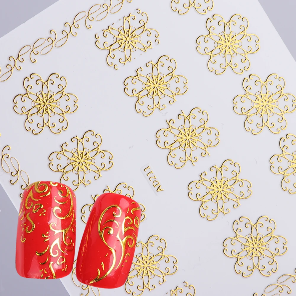 1 шт., золотые металлические 3D сверкающие ногти, наклейки, цветок, полная лоза, клейкие наклейки, маникюр, сделай сам, дизайн ногтей, слайды, TRAD201-212