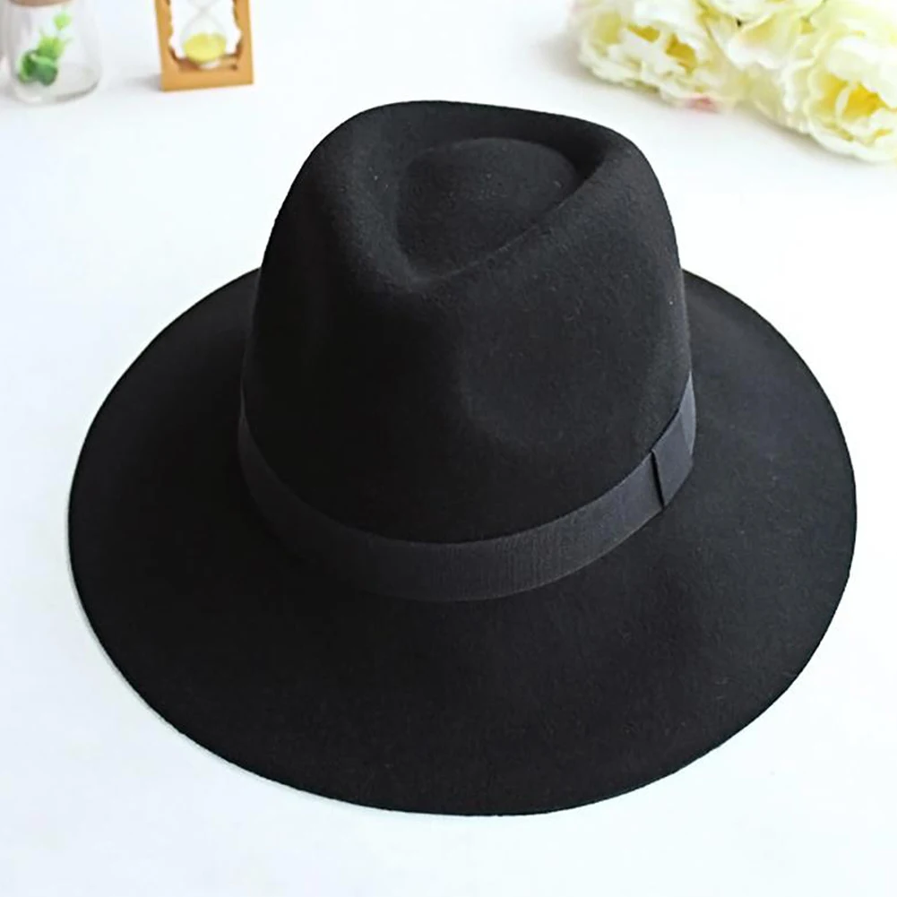 Men's and Women's British Vintage Wide Brim Ribbon Warm Wool Hat Bowler Jazz Black hat Cap For Winter Summer Autumn