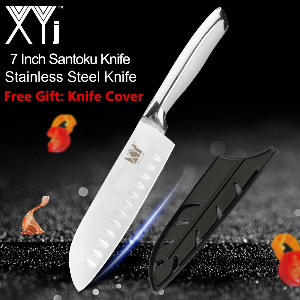 XYj кухонные ножи для приготовления пищи, нож для очистки овощей Santoku, нож для нарезки хлеба, ножи из нержавеющей стали, аксессуары для приготовления пищи с крышкой для ножа - Цвет: Santoku Knife