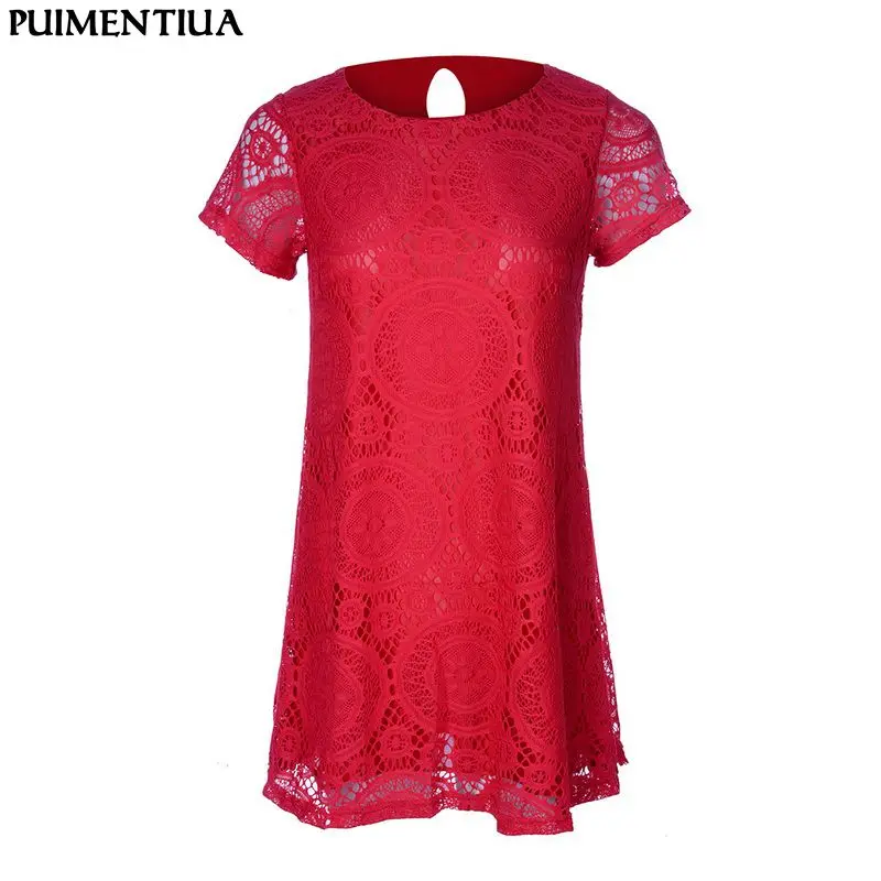

Summer Sexy Lace Hollow Out Dress Women Fashion Casual Loose O-Neck Short Sleeve Beach Party Vestidos
