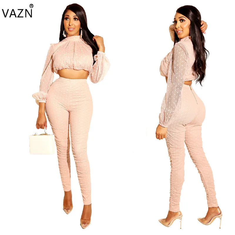 

VAZN 2019 New Arrive Famous Casual Women 2-Pieces Sets Solid O-Neck Full Sleeve Lady Hollow Out Skinny Long Jumpsuits LLS0247