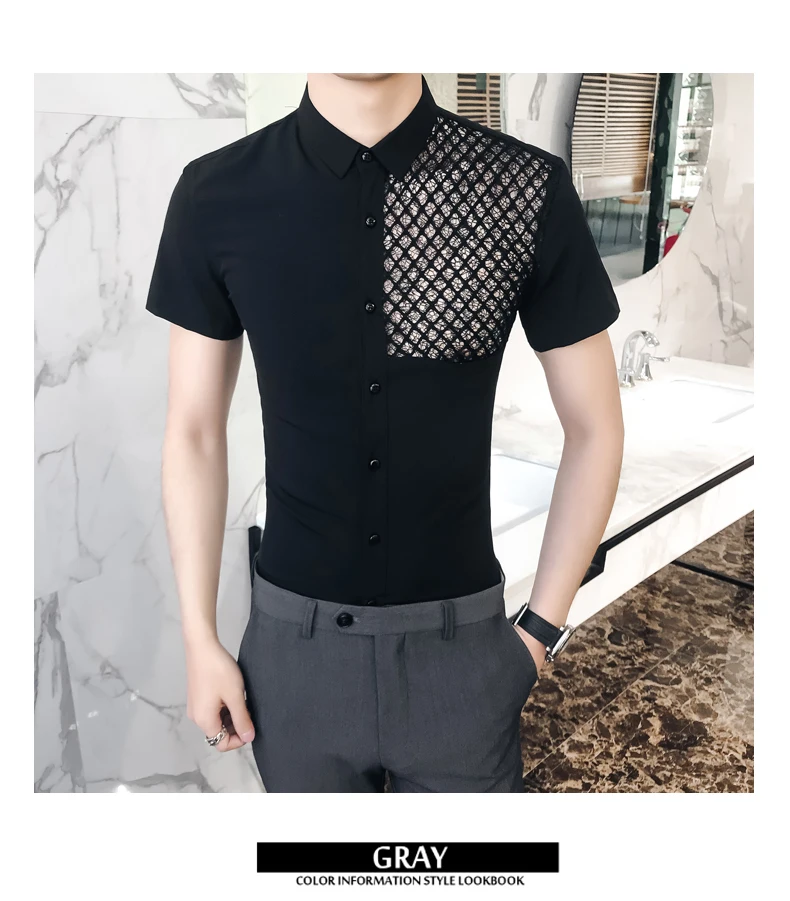 Повседневная рубашка Slim Fit Мужская рубашка Уличная Сексуальная кружевная рубашка мужская одежда дизайнерские Клубные рубашки с коротким рукавом летние