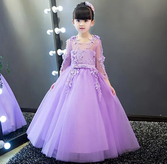 Elegant Purple Tulle Sequin Girls Wedding Dress Long Sleeve Kids Party ...