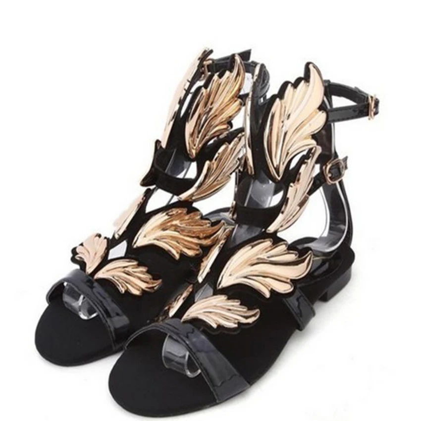HAIYUELI/женские сандалии металлические украшения с крыльями; сандалии-гладиаторы в римском стиле; летние женские туфли на плоской подошве с ремешками пламени