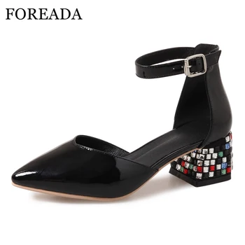 

FOREADA Women Shoes High Heels Natural Genuine Leather Crystal Thick Heels Wedding Shoes Cow Leather Ankle Strap Pumps Red 33-40