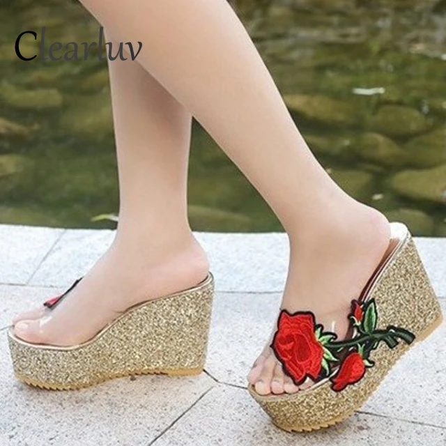 

2019 new listing brand women's shoes beach sandals rose thick platform 11.5CM breathable shiny slippers C0655