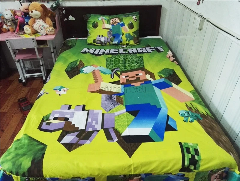 جميل الكرتون Minecraft طقم سرير بلدي العالم الأحرف البوليستر/القطن الأطفال صبي/الفتيات حاف مجموعة غطاء غطاء سرير المخدة