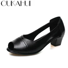 OUKAHUI Summer Genuine Leather Comfortable Ladies Mid Heel Sandals Women Shoes Hollow Peep Toe Square Heel Sandals Woman Black