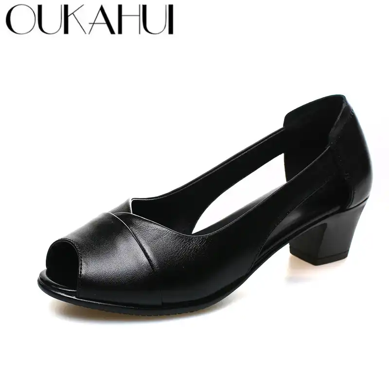 ladies black mid heel sandals