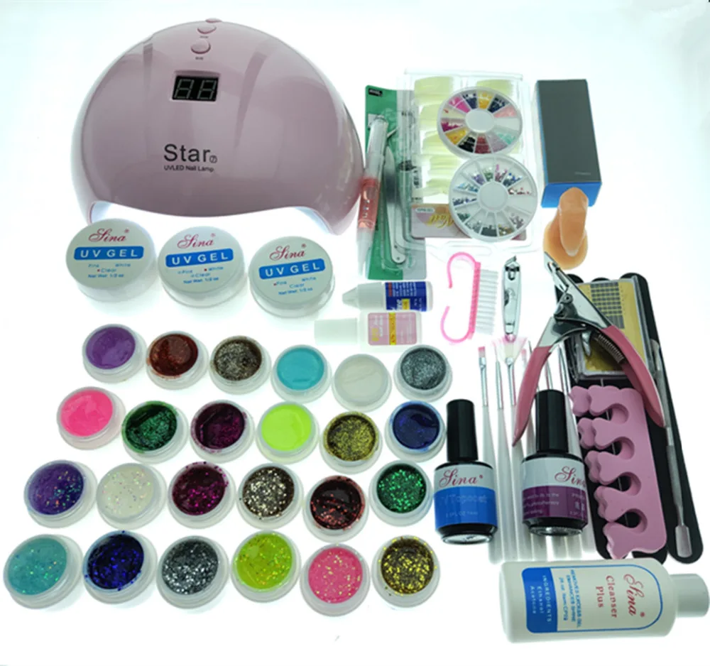 Наборы для ногтей DIY 36 Вт Светодиодная лампа УФ-Гель-лак с 24 цветными УФ-гелем полигель-лак набор инструментов для нейл-арта набор 14 мл верхнее покрытие и Базовое покрытие