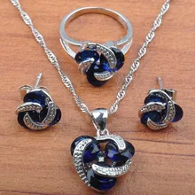 Стильный синий кубический цирконий 925 Серебряные Ювелирные наборы для женщин вечерние подвеска Украшение серьги кольцо ожерелье набор JS0176