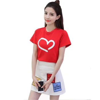 

Women 2 Pieces Set Heart Print O-neck Top And Appliques A-Line Zipper Fly Skirt Set Short Sleeve Tees+ Mini Skirt Women Sets