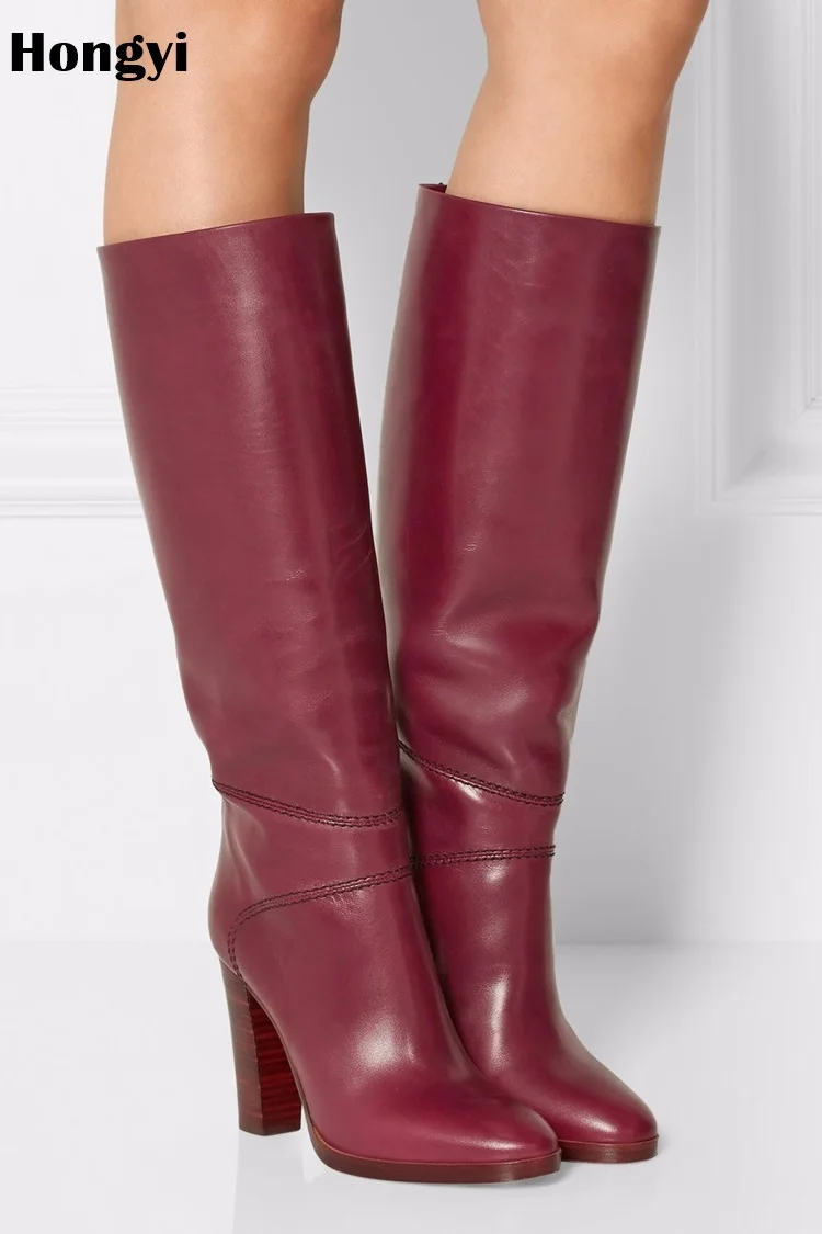 

New Arrival Fashion Wine red Sewing Designer Soft Pu Leather Women Knee High Boots Winter Quare Heeled Long Bota
