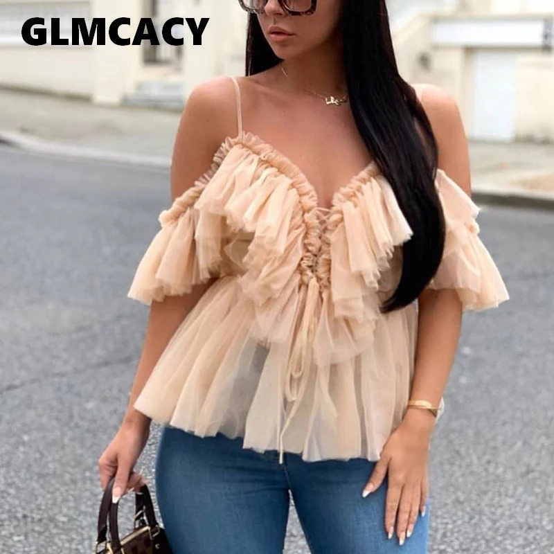 

Women Summer Spaghetti Strap V Neck Blouses Lace Up Front Ruffles Off Shoulder Shirt Tops Elegant Chic Streetwear Blouse