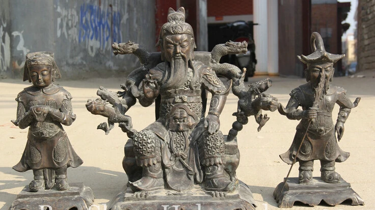 

p6609 23'' China Bronze Feng Shui Seat Guan Gong Yu Dragon Chair Housecarl Statue Set