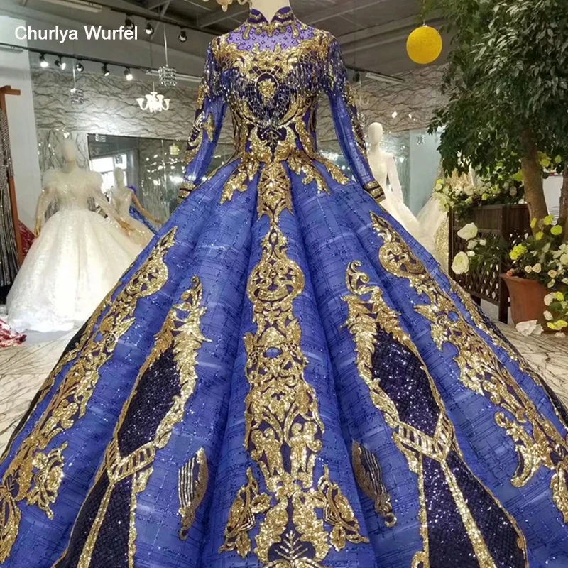 

LSS421 blue muslim evening dresses ball gown high neck long sleeves lace up back prom dresses curve shape shiny ladies dress