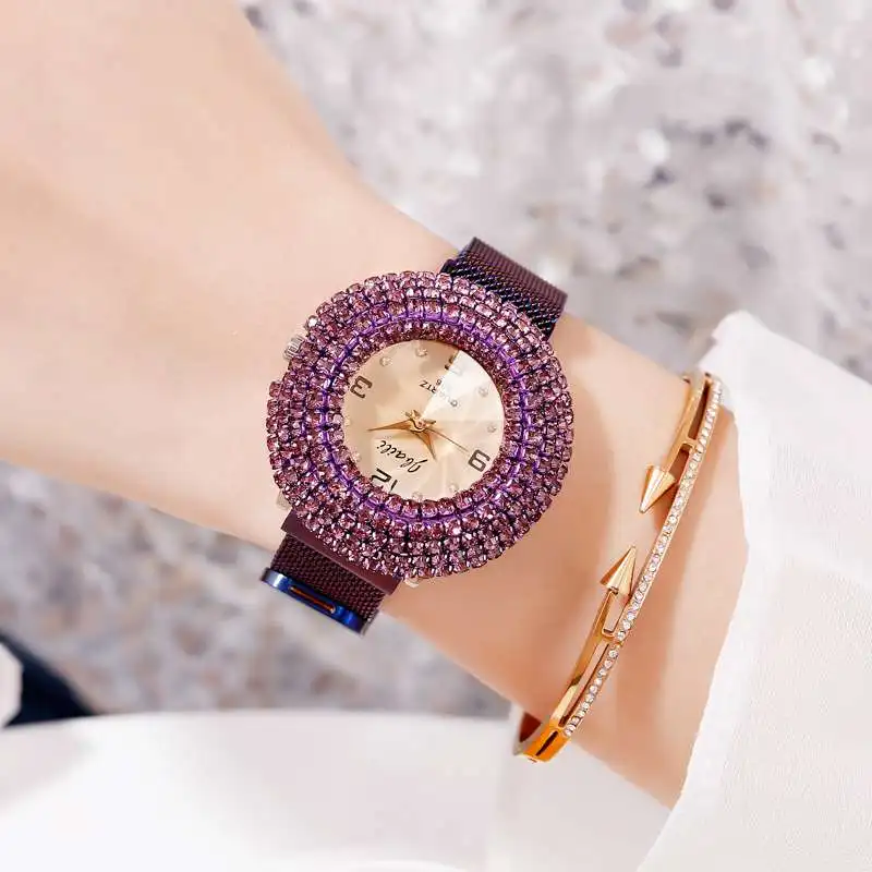 Очаровательные розовые женские часы минимализм повседневные бриллиантовые женские наручные часы с магнитной пряжкой модные роскошные Брендовые женские часы подарок - Цвет: Фиолетовый
