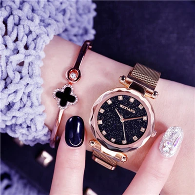 Модные женские часы лучшие продажи Звездное небо часы роскошные магнитные пряжки женские кварцевые наручные женские часы подарок часы - Цвет: rosegold