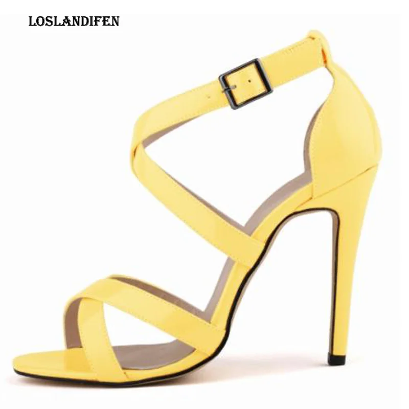 

Loslandifen Fashion Cross Strap Women Ankle Buckle Strap Party High Heel Shoes Plus Size 35-42 Summer Patent Leather Sandals