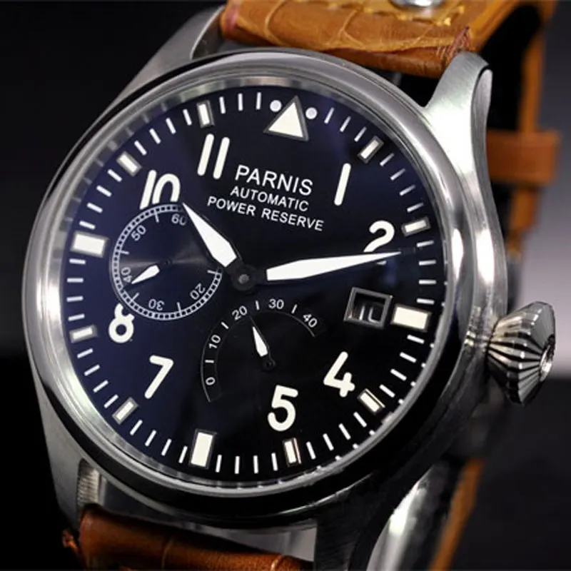 

Valentines gifts 47mm parnis Black Dial Date Window Power reserve SS Case Romantic Sweet Automatic Movement men's Watch