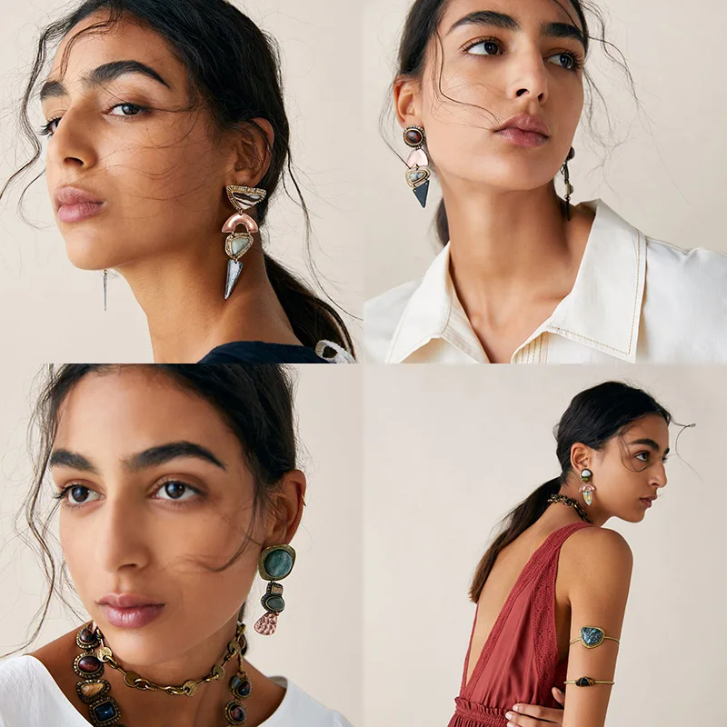 

Hot Sell Bohemian Vintage Long Metal Dangle Drop Earrings With Colorful Rhinestone Fine Pendientes Jewelry Accessories For Women