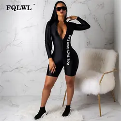 FQLWL Черный Bodycon Сексуальная комбинезон шорты для Для женщин с длинными рукавами комбинезоны для фитнеса Для женщин s Комбинезон Женский