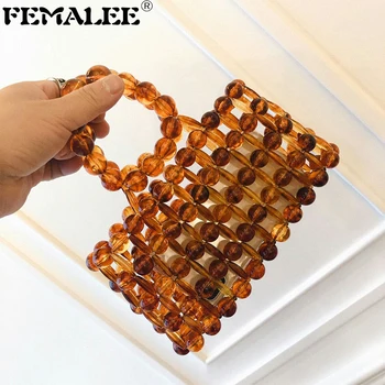 

European Women Amber Tote Bags Pure Hand Beaded Weaving Handbag Transparent Pearl Package Beading Evening Clutch bolsa feminina