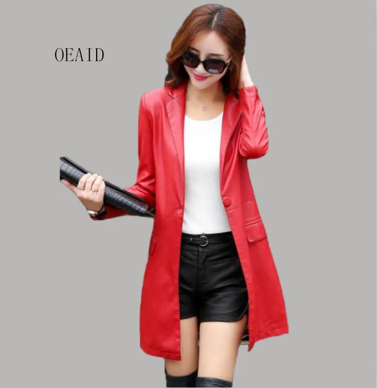 

Fashion casual long leather coat women jacket 2019 spring single button slim leather blazer female outerwear ladies jackets