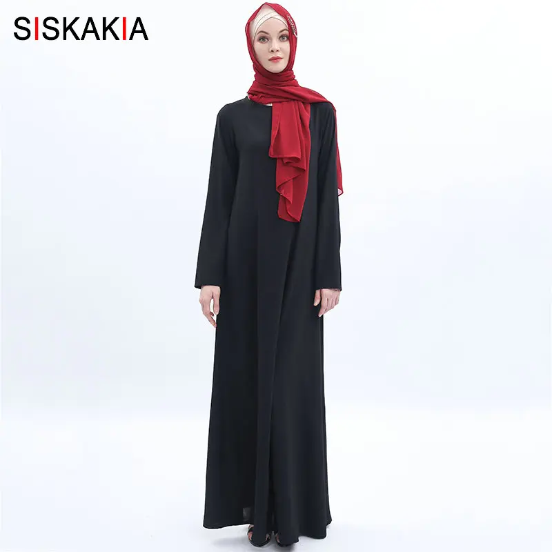 Black dress Siskakia, Высококачественная мусульманская одежда, арабское женское базовое длинное платье, короткое однотонное, с круглым вырезом, с длинным рукавом, Исламская одежда, лето - Цвет: Black dress