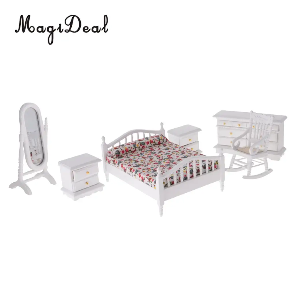 European Retro Design 1:12 Dollhouse Miniature White Wooden Bedroom Double Bed Dresser Mirror Chair Furniture Accs Kids Toys
