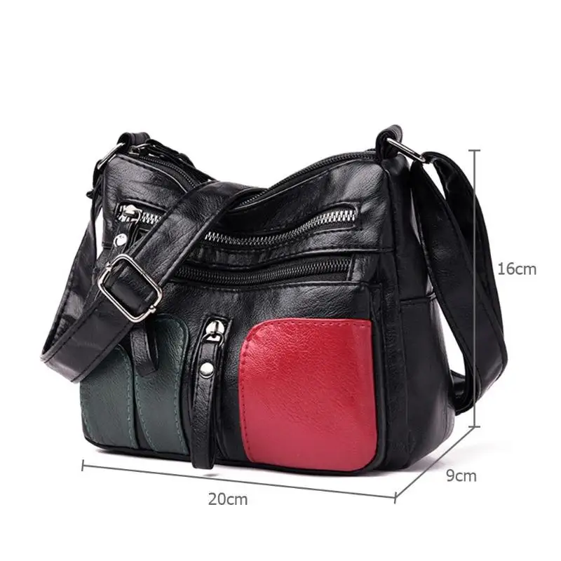 Fashion Women Crossbody Bag Black Soft Washed Leather Shoulder Bag Patchwork Messenger Bag Small Flap Bag for Girls sac a main