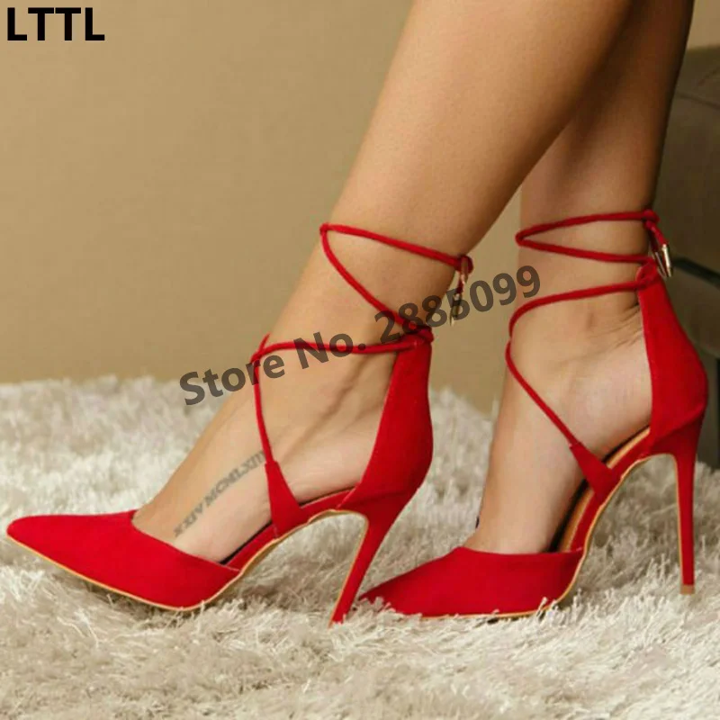 

2017 Elegant Women Suede Lace-Up Pumps Pointed Toe Thin High Heels Cross-tied Cut-Outs Fashion Ladies Dress Party Stiletto Heels