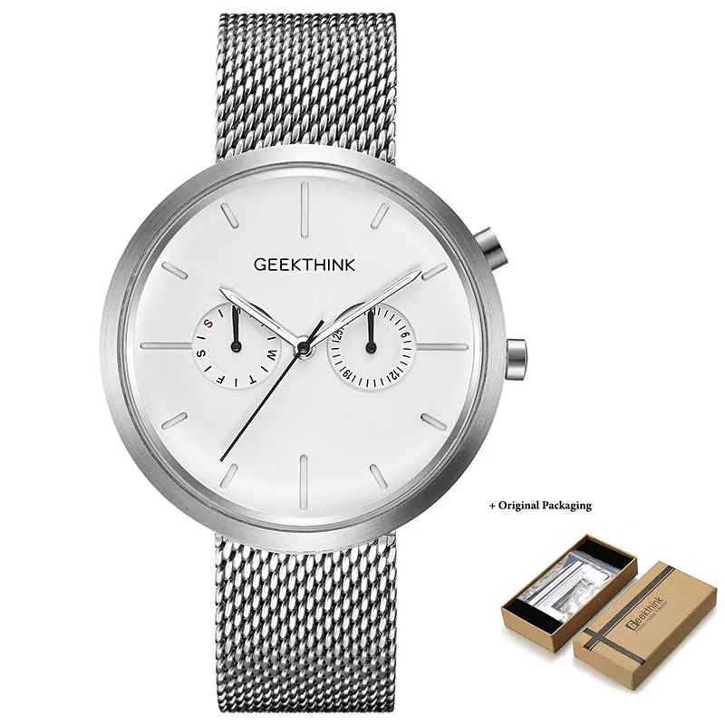 Geekthink мужские часы, брендовые, повседневные, класс, нержавеющая сталь, сетка, кварцевые наручные часы, светящиеся, авто, дата, неделя, Relogio Masculino - Цвет: SW BOX