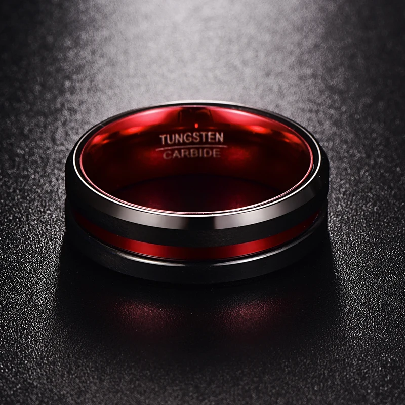 Online Nuncad 8MM de ancho nunca se desvanecen los anillos de acero de tungsteno con una sola ranura rojo anillo de compromiso para hombre