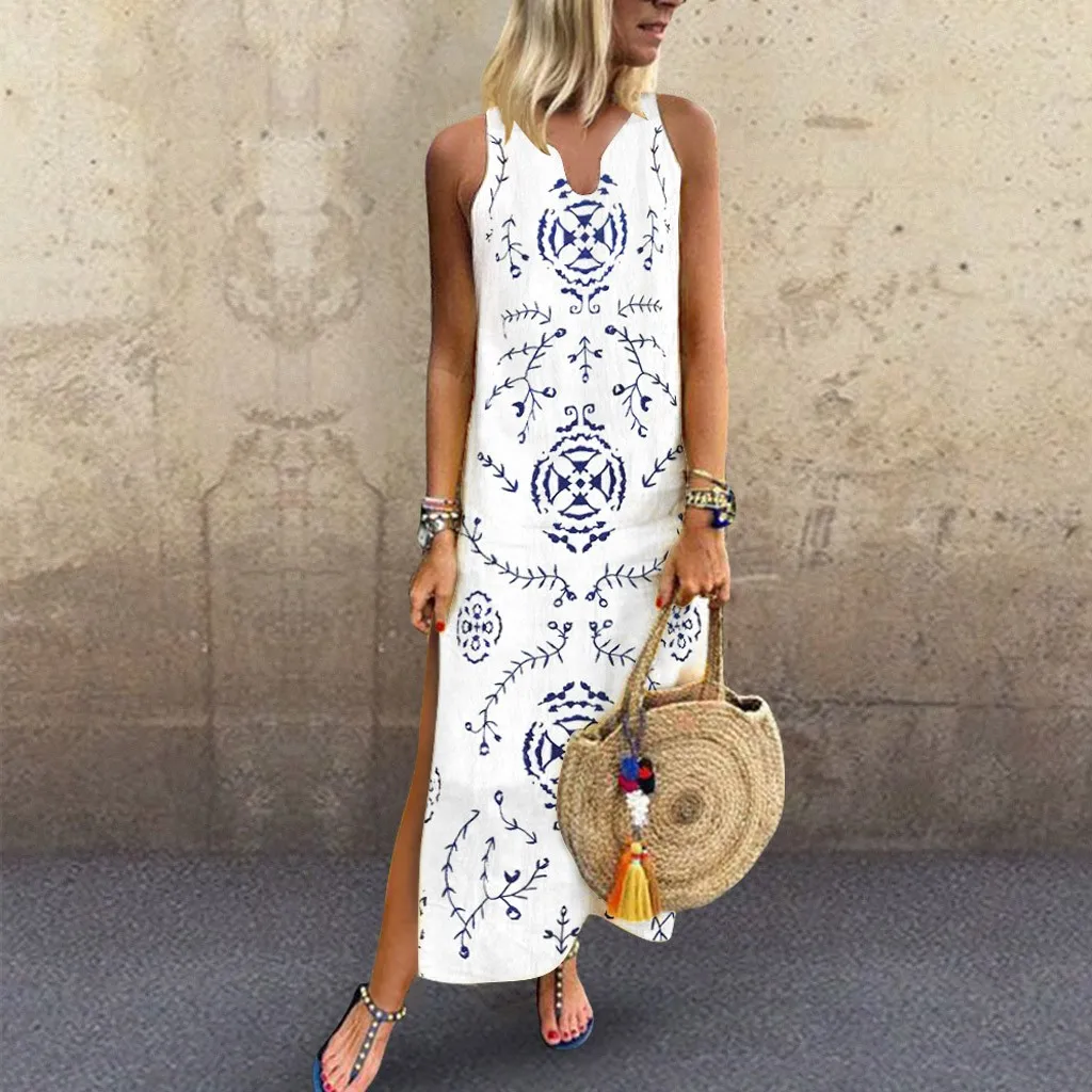 

Women’s Printed Sleeveless Maxi Dress Split Hem Baggy Kaftan Long Dress Bohemian Dress 2019 Summer Floral Print **