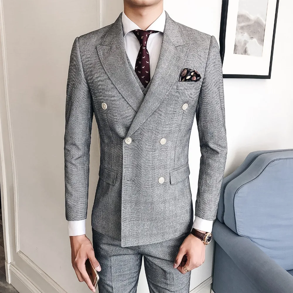 British Men's Suits Korean Slim Plaid Small Suit Men's Three Piece