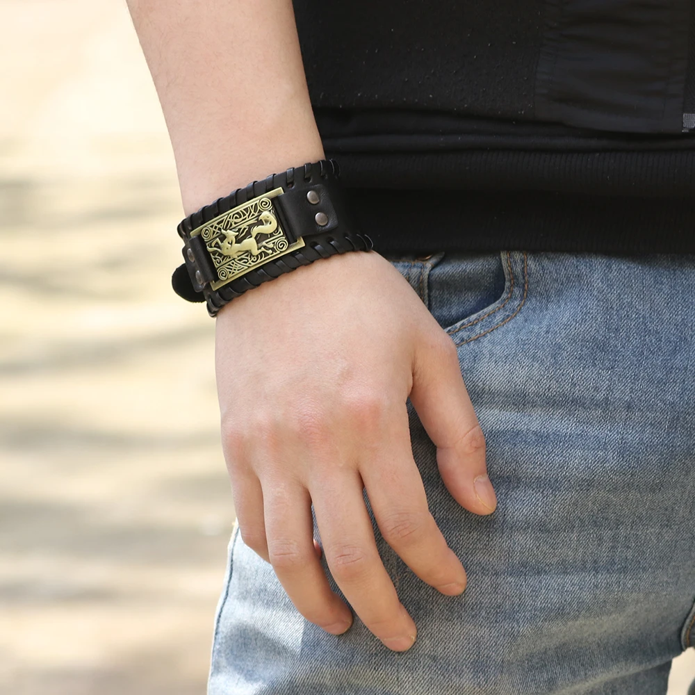 

Men's leather punk alloy fox bracelet ancient bronze silver copper metal accessories black brown leather Charm bracelets jewelry