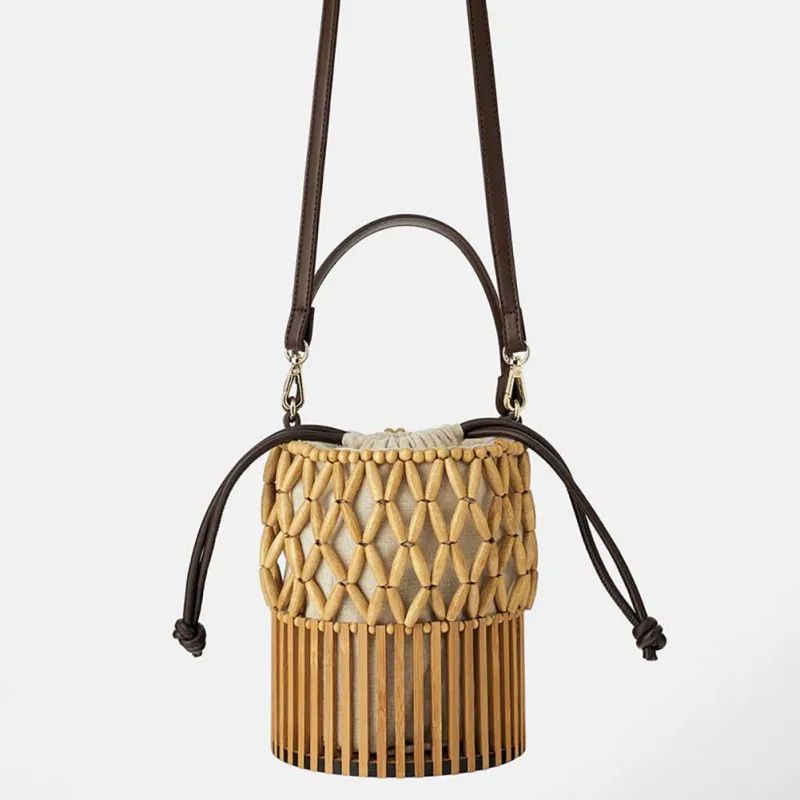 Женская модная бамбуковая пляжная тканая сумка холщовая хозяйственная сумка через плечо сумка-ведро (с шарфом)