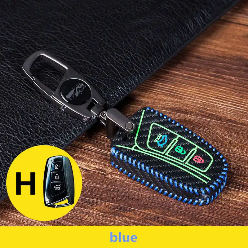 

Luminous Carbon Fiber Leather Car Key Case For Hyundai Key Fob IX45 I30 I20 Santa Fe Tucson Smart Key Holder Cover Shell