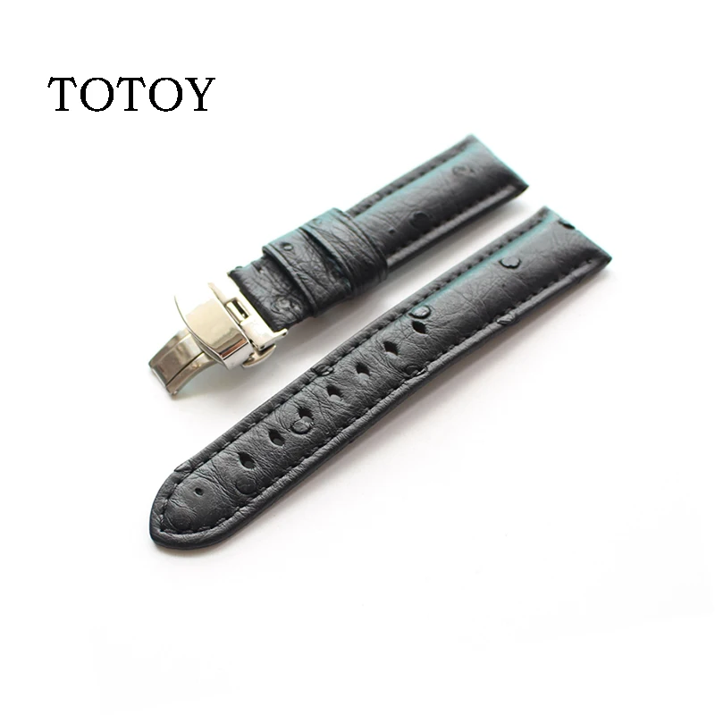 

18MM 20MM 22MM handmade leather strap South African ostrich leather retro butterfly buckle black men's strap