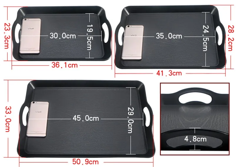 Прямой японский поднос, твердый цвет, под дерево, с ручкой, пластиковый, прямоугольный, для отеля, ресторана, черный, нескользящий, портативный поднос