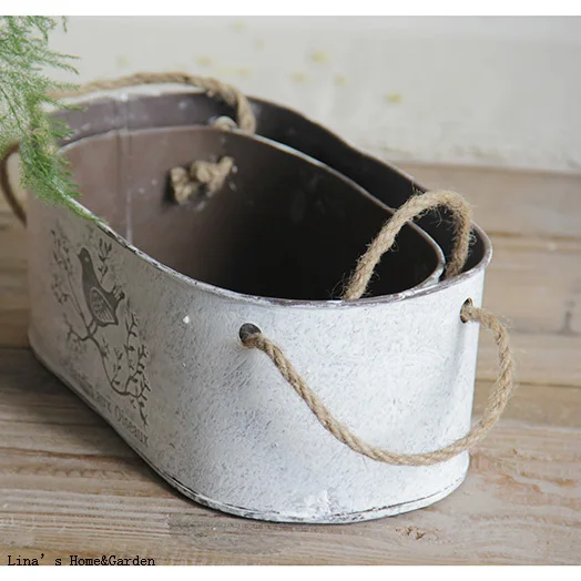 retro vintage stackable 2 pieces mini oval zinc planter with hemp rope handles (3)